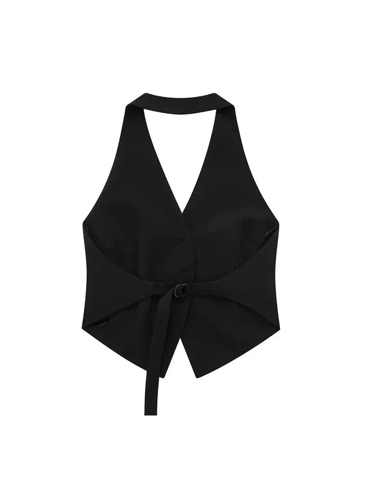 Women Chic Sleeveless Button-Up Vest Top | Backless Halter Neck Waistcoat