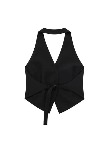 Women Chic Sleeveless Button-Up Vest Top | Backless Halter Neck Waistcoat