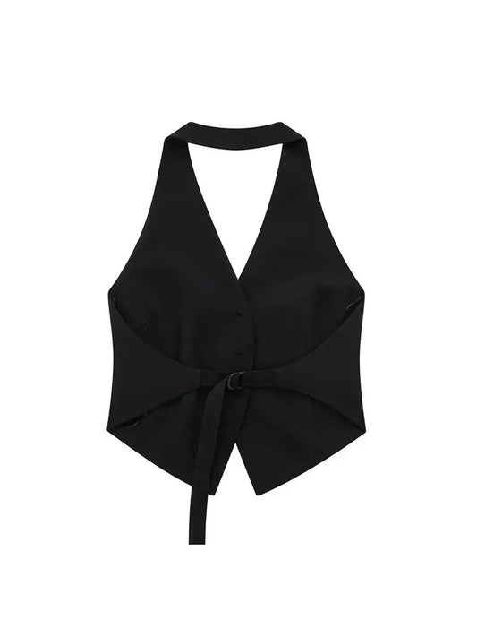 Women Chic Sleeveless Button-Up Vest Top | Backless Halter Neck Waistcoat