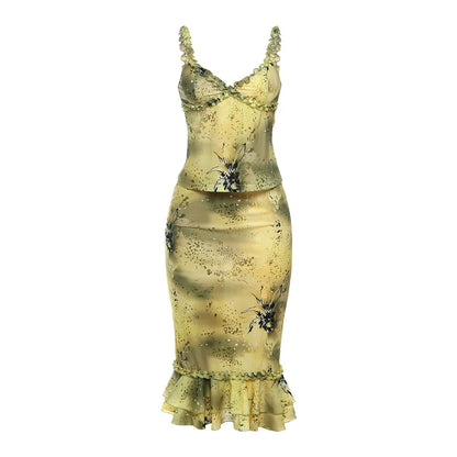 Women Ruffle Floral Set | Y2K | Camisole Top | Tiered Skirt | Vacation | See Through
