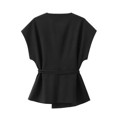 Women Sleeveless V-Neck Top With Belt Straight Pants Set | Top Trouser Suit | 2 Piece Set