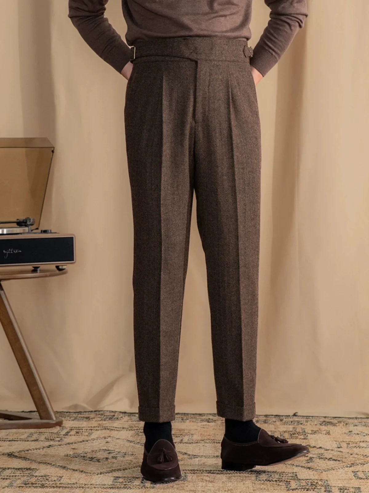 Men Vintage Wool Herringbone Pattern Pants | Casual | British | Warm | High Waist | Straight Pants