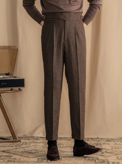 Men Vintage Wool Herringbone Pattern Pants | Casual | British | Warm | High Waist | Straight Pants