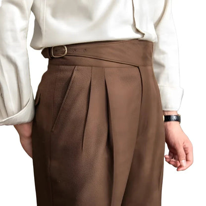 Men Vintage British Style Suit Pants | High Waisted Straight Pants | Smart Casual High Waist | Adjustable Pants coffee