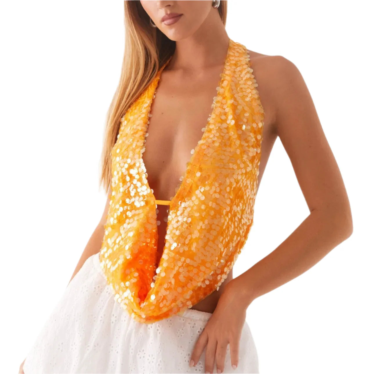 Women Sequin Halter Top | Sleeveless Deep V Neck | Backless Glitter Tank Top Orange