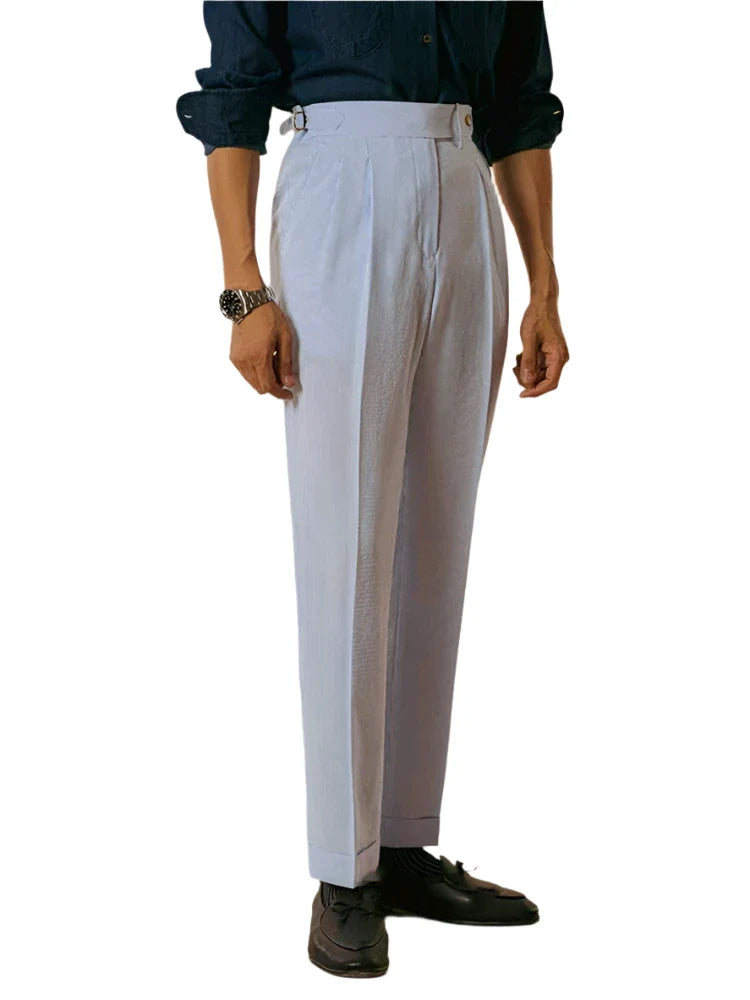 Men Classic Striped High Waist Suit Pants | Pleated Slim Pants Blue