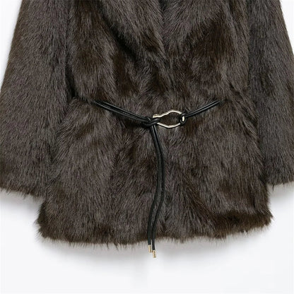Women Fur Coat with Belt | Medium Long Coat | Long Sleeve | Loose Coat