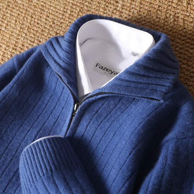 Men Merino Wool Stand-Up Collar Cardigan | Business Casual | Warm Zipper Jacket