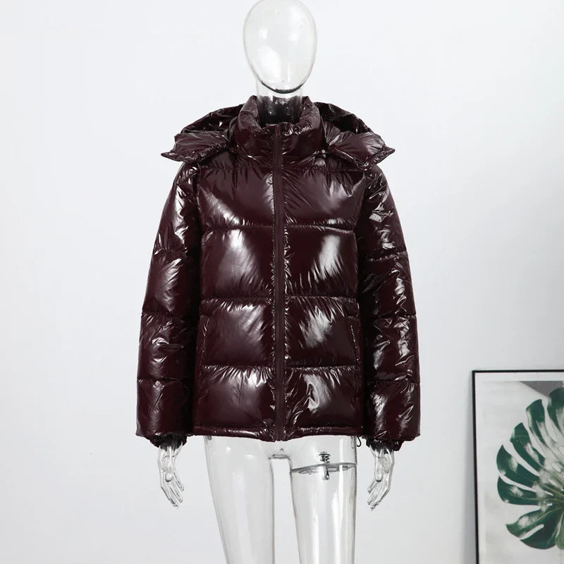 Women Glossy Zipper Hooded Jacket | Windbreaker | Pleated | Short Jacket | Cotton