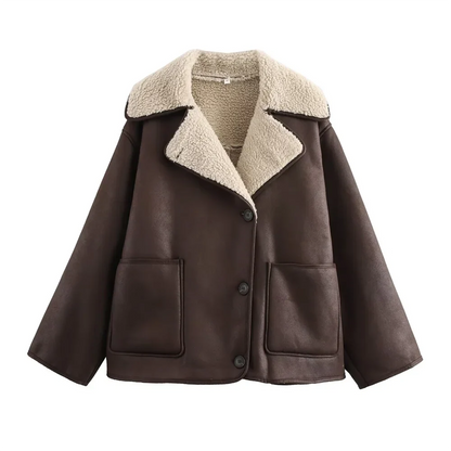 Women Loose Double Sided Collar Long Sleeve Warm Fur Jacket | Shearling Jacket Brown