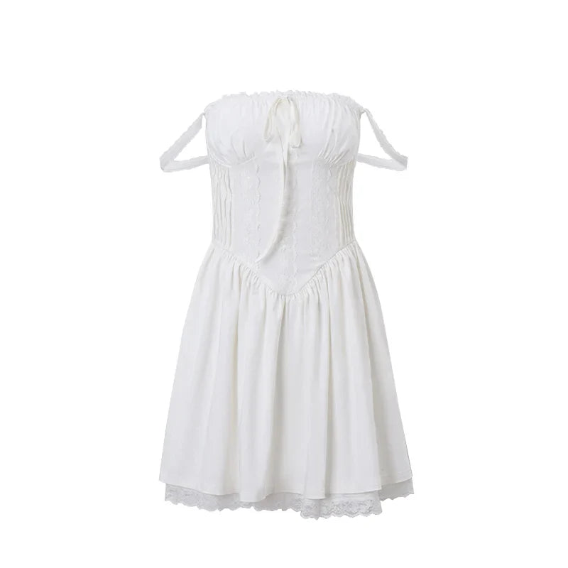 Women White Pleated Mini Dress | Summer Dress | Square-Neck Lace Patchwork Dress White