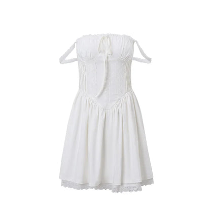 Women White Pleated Mini Dress | Summer Dress | Square-Neck Lace Patchwork Dress White