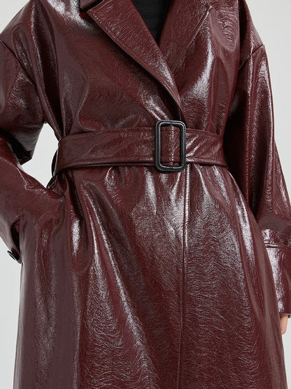 Women Leather Trench Coat With Belt | Extra Long Cherry Red Leather Coat