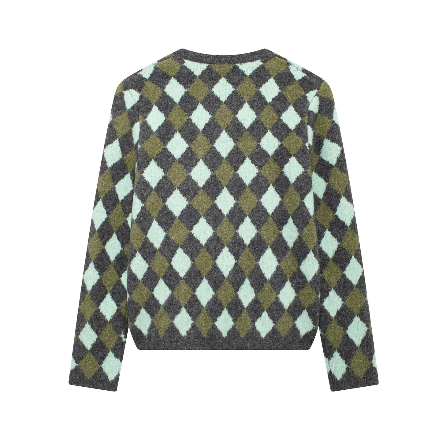 Women Vintage Argyle Sweater | Long Sleeve | Pockets | Knitted Cardigan