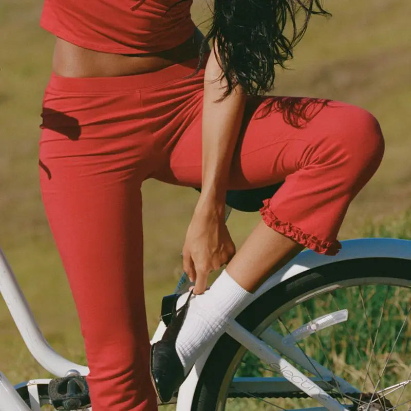 Women Vintage Capri Pants | Y2K | High Waist Trousers | Ruffled Hem