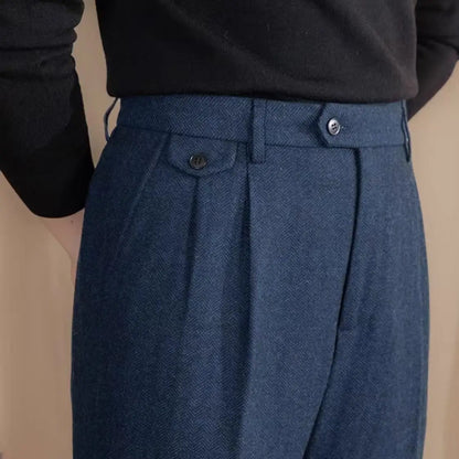 Men High-Waisted Woolen Pants | Herringbone | Italian Vintage Pants | Suit Pants | Warm | Straight Fit