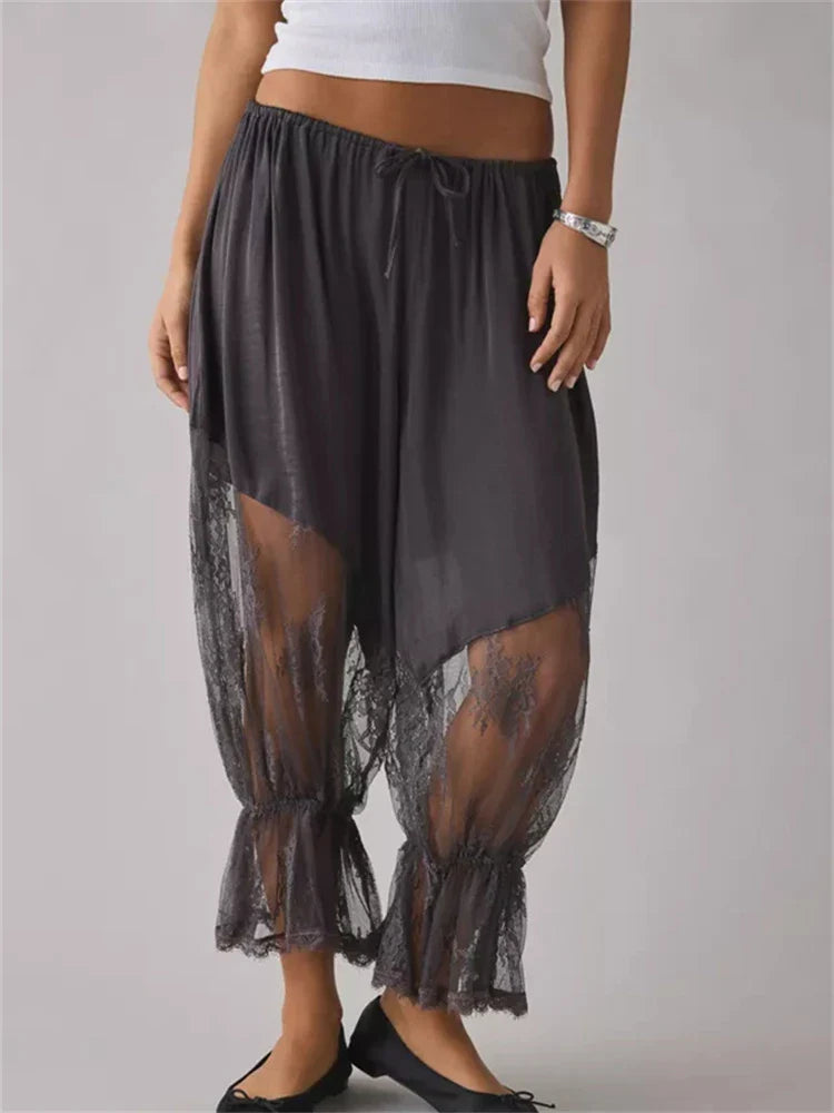 Women Loose Fit Bloomers Cropped Pants | High Waist | Floral Lace | Lantern Trousers