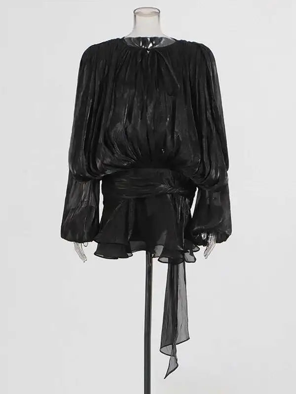 Women Flowy Mini Dress | V Neck | Long Sleeve | Spliced | Lace Up | Blouse Dress Black