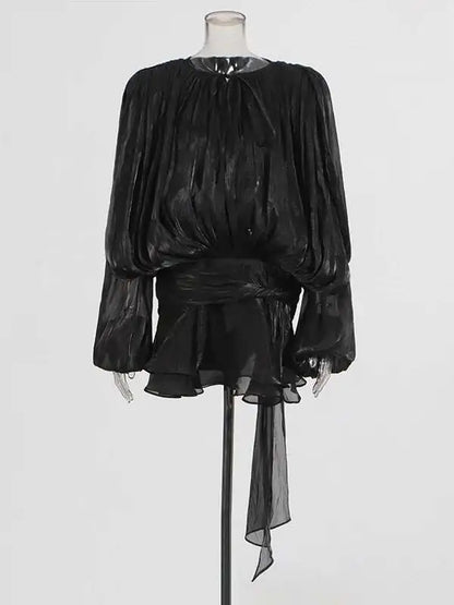 Women Flowy Mini Dress | V Neck | Long Sleeve | Spliced | Lace Up | Blouse Dress Black