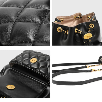 Women Leather Small Quilted Backpack | Drawstring Bag