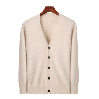 Men Mink Cashmere Warm Cardigan | Casual Loose V-Neck Knit Coat Beige