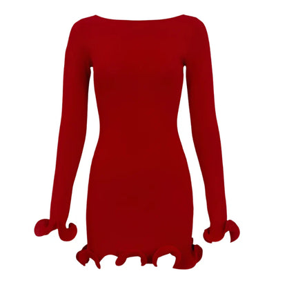 Women Color Contrast Knitted Mini Dress | Long Sleeves Party Dress Red