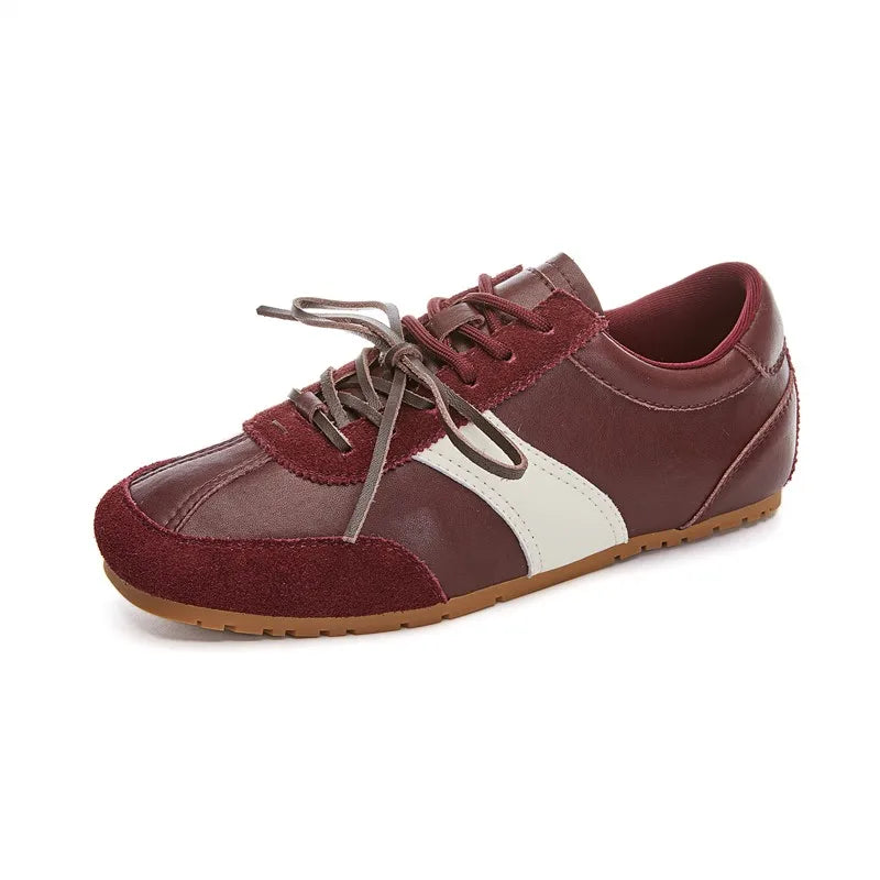 Women German Training Shoes | Leather Flat Sneakers | Forrest Gump Shoes Wine red