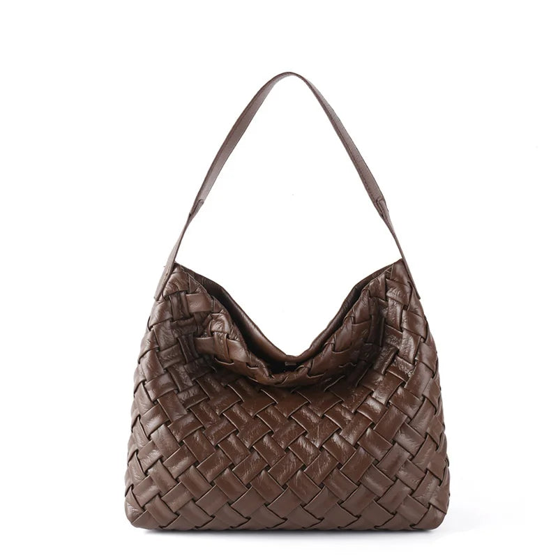 Women Woven Tote Bag | Textured Pleated Soft Leather Bag Coffee