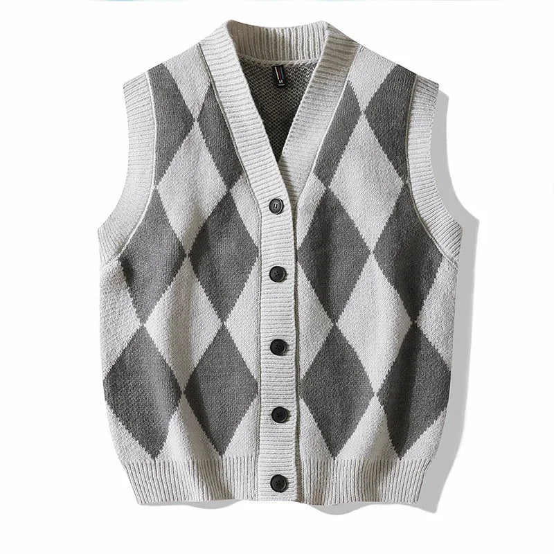 Men Plaid Sweater Vest | Sleeveless V-Neck Button Cardigan | Office Knitted Vest Gray