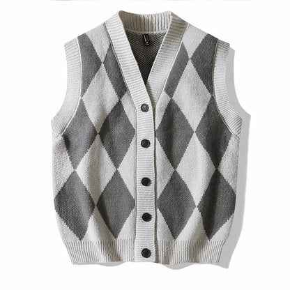 Men Plaid Sweater Vest | Sleeveless V-Neck Button Cardigan | Office Knitted Vest Gray