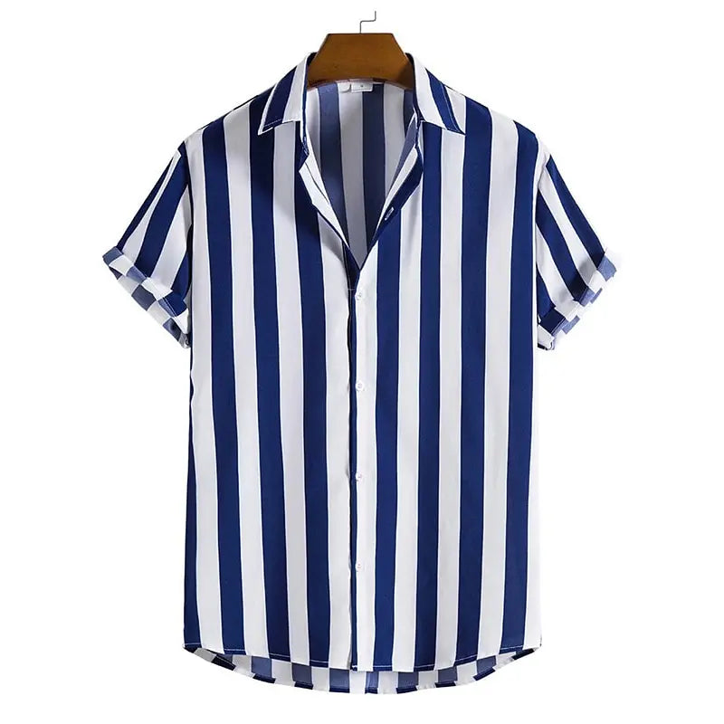 Men Striped Short-Sleeved Button Down Shirt | Casual Loose Lapel Top Dark Blue