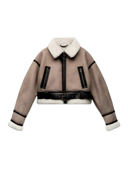 Women Spliced Leather Short Soft Fur Jacket | Female Zipper Belt Coat Khaki