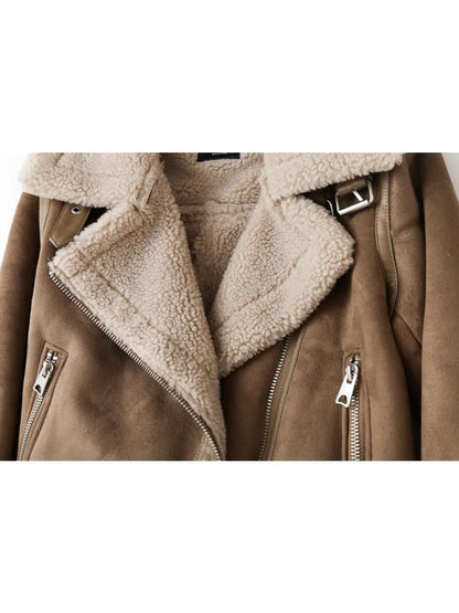 Women Brown Vintage Fur Jacket | Lapel Long Sleeves Winter Outwear