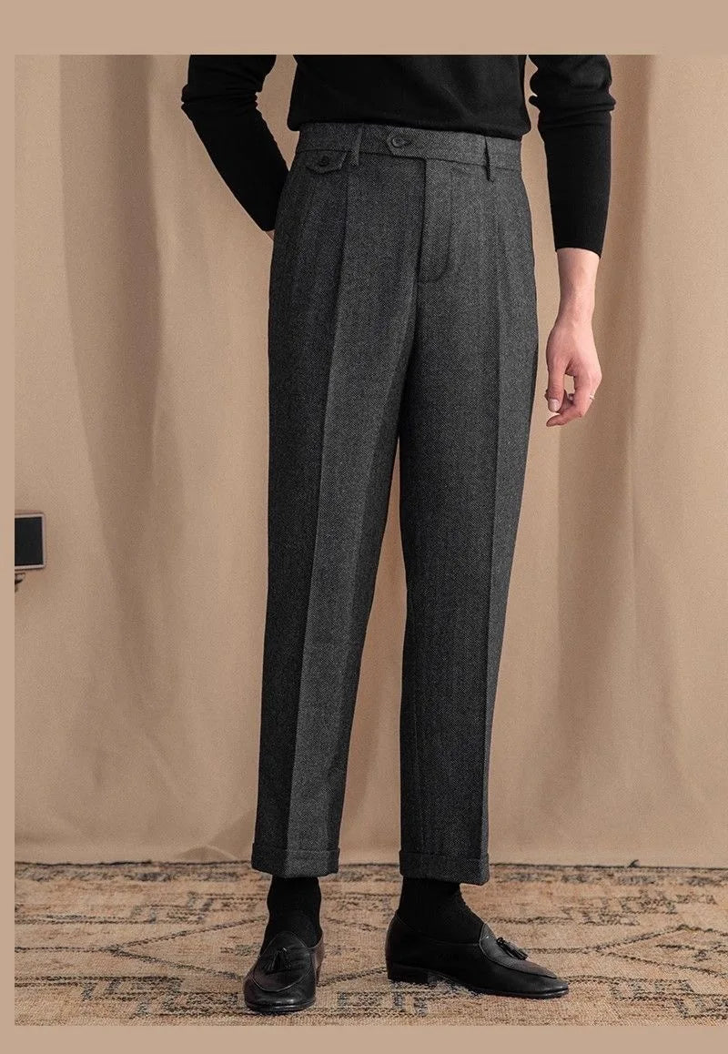 Men High-Waisted Woolen Pants | Herringbone | Italian Vintage Pants | Suit Pants | Warm | Straight Fit