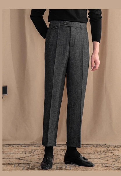 Men High-Waisted Woolen Pants | Herringbone | Italian Vintage Pants | Suit Pants | Warm | Straight Fit