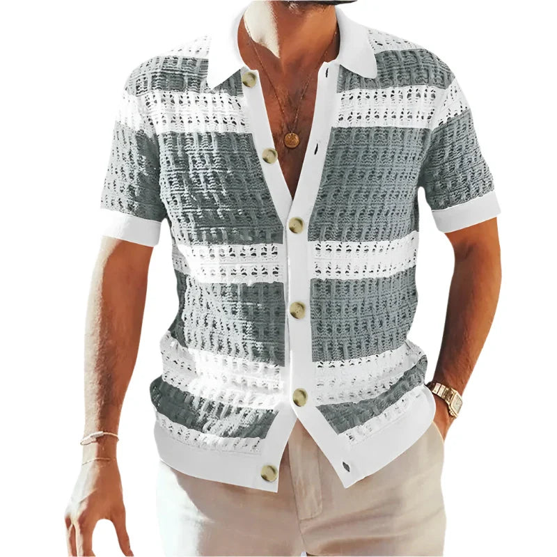 Men Casual Summer Loose Knitted Striped Shirt | Short Sleeve Buttoned Lapel Knit Cardigan Grey