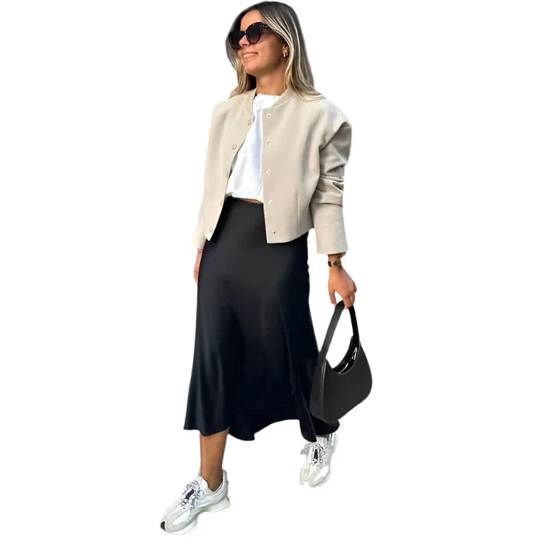 Women Long High Waist Satin Skirt | Office Midi Skirt
