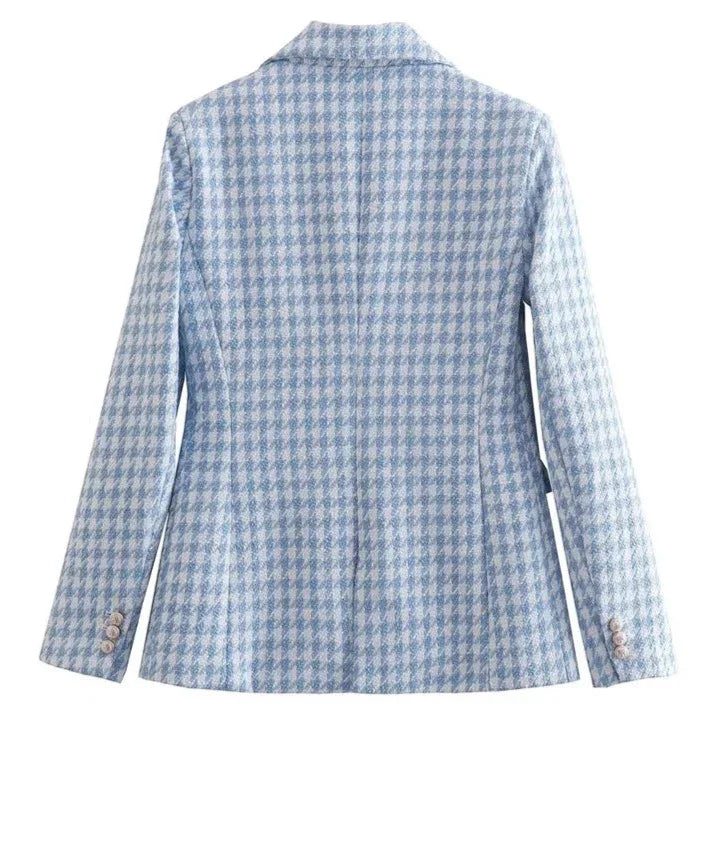 Women Vintage Houndstooth Tweed Blazer | Double Breasted Coat