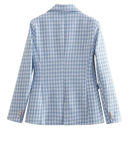 Women Vintage Houndstooth Tweed Blazer | Double Breasted Coat