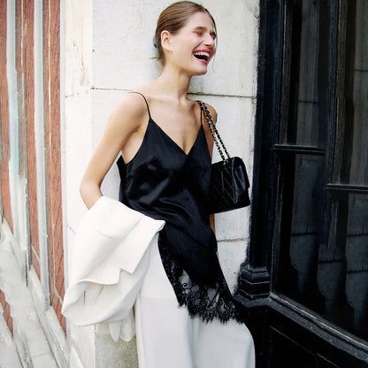 Women Elegant Satin Spaghetti Strap Camisole | Lace Split Vest | Casual Silk Top | Summer