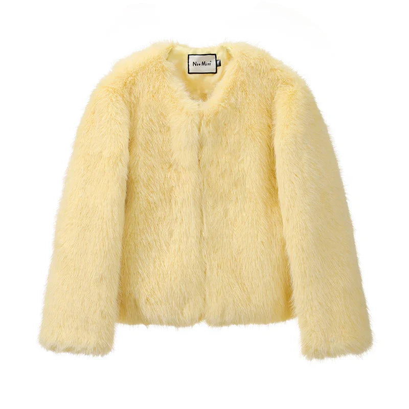 Women Round Neck Fluffy Yellow Fur Jacket | Fur Coat | Warm Outerwear yellow