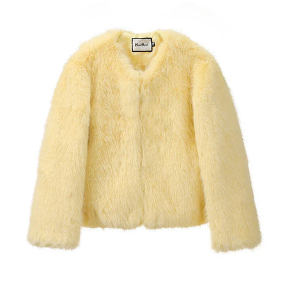 Women Round Neck Fluffy Yellow Fur Jacket | Fur Coat | Warm Outerwear yellow