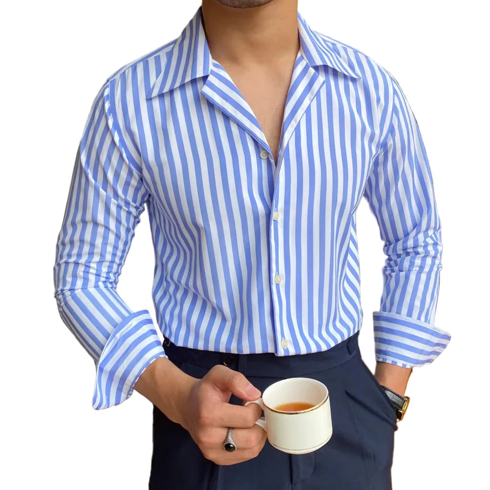 Men Business Striped Shirt | Cuban Collar | Long Sleeve Shirt | Office Shirt | Tuxedo Shirt