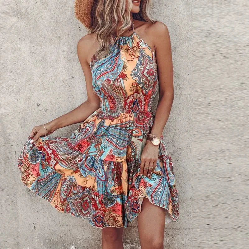 Sutton | Women's Asymmetric Backless Flowy Printed Mini Dress