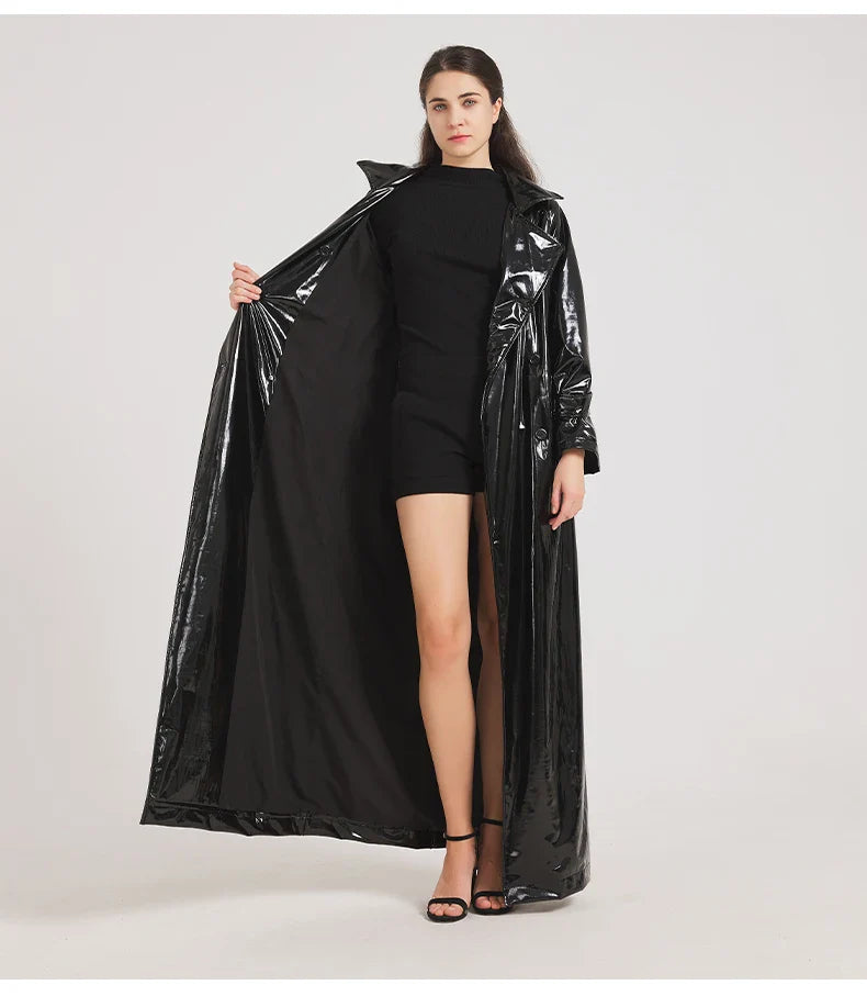 Women Black Shiny Leather Trench Coat | Luxury Designer | Floor Length | Glossy Leather Coat | Reflective | Soft Patent
