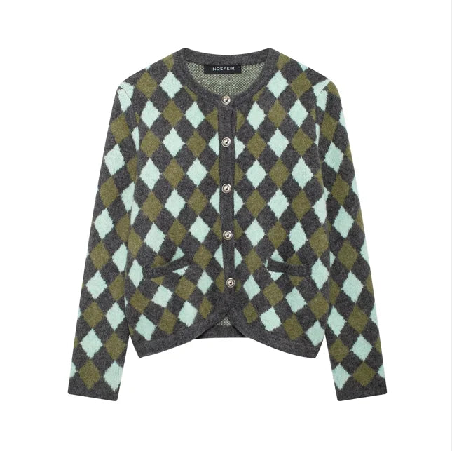 Women Vintage Argyle Sweater | Long Sleeve | Pockets | Knitted Cardigan Gray