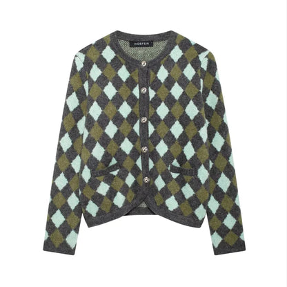 Women Vintage Argyle Sweater | Long Sleeve | Pockets | Knitted Cardigan Gray
