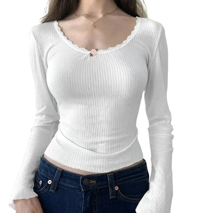 Women White Floral Lace Trim Knitted Crop Top | Basic Casual Full Sleeve T Shirt White
