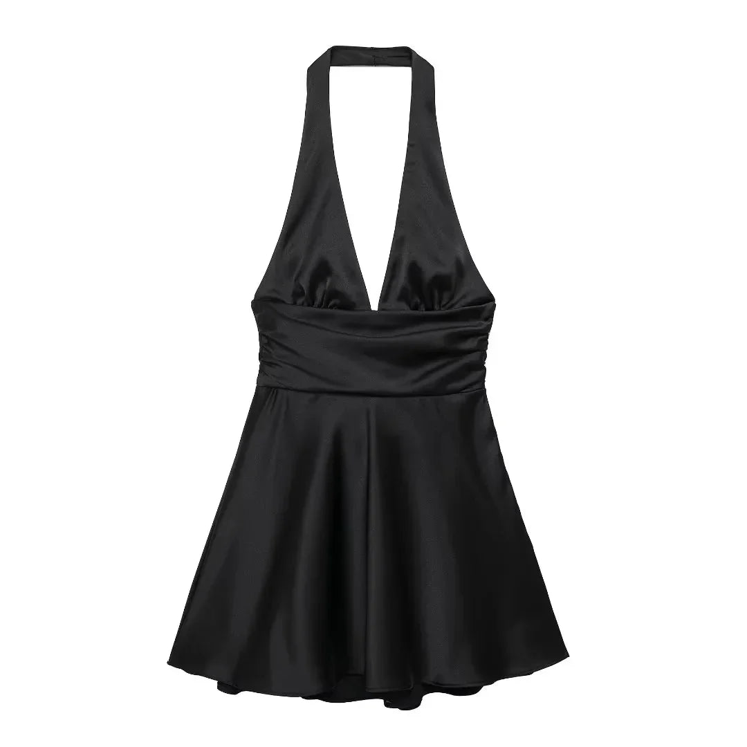 Women Satin Halter Mini Dress | Off Shoulder Backless Short Party Dress Black