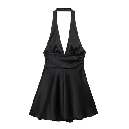 Women Satin Halter Mini Dress | Off Shoulder Backless Short Party Dress Black